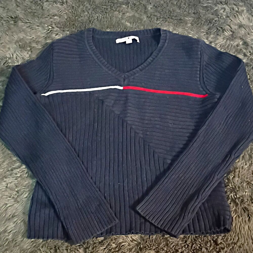 Tommy Hilfiger Men's V-Neck Rib-Knit Pullover Sweater Striped Navy XL